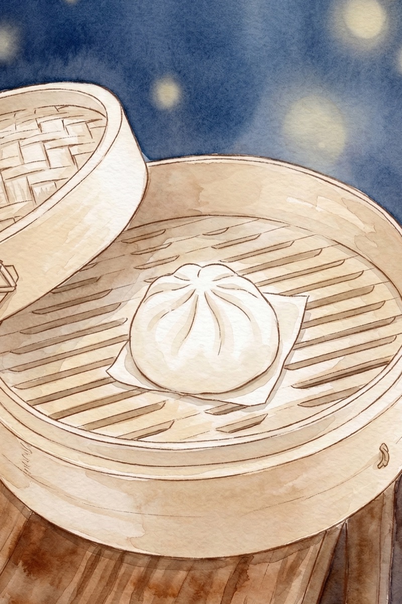 Steaming bao bun in a bamboo basket at Bao N Baguette, Fountain Valley