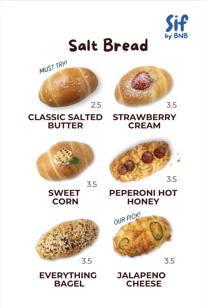 Sif by BNB — Salt Bread menu featuring Classic Salted Butter, Strawberry Cream, Sweet Corn, Peperoni Hot Honey, Everything Bagel, and Jalapeno Cheese
